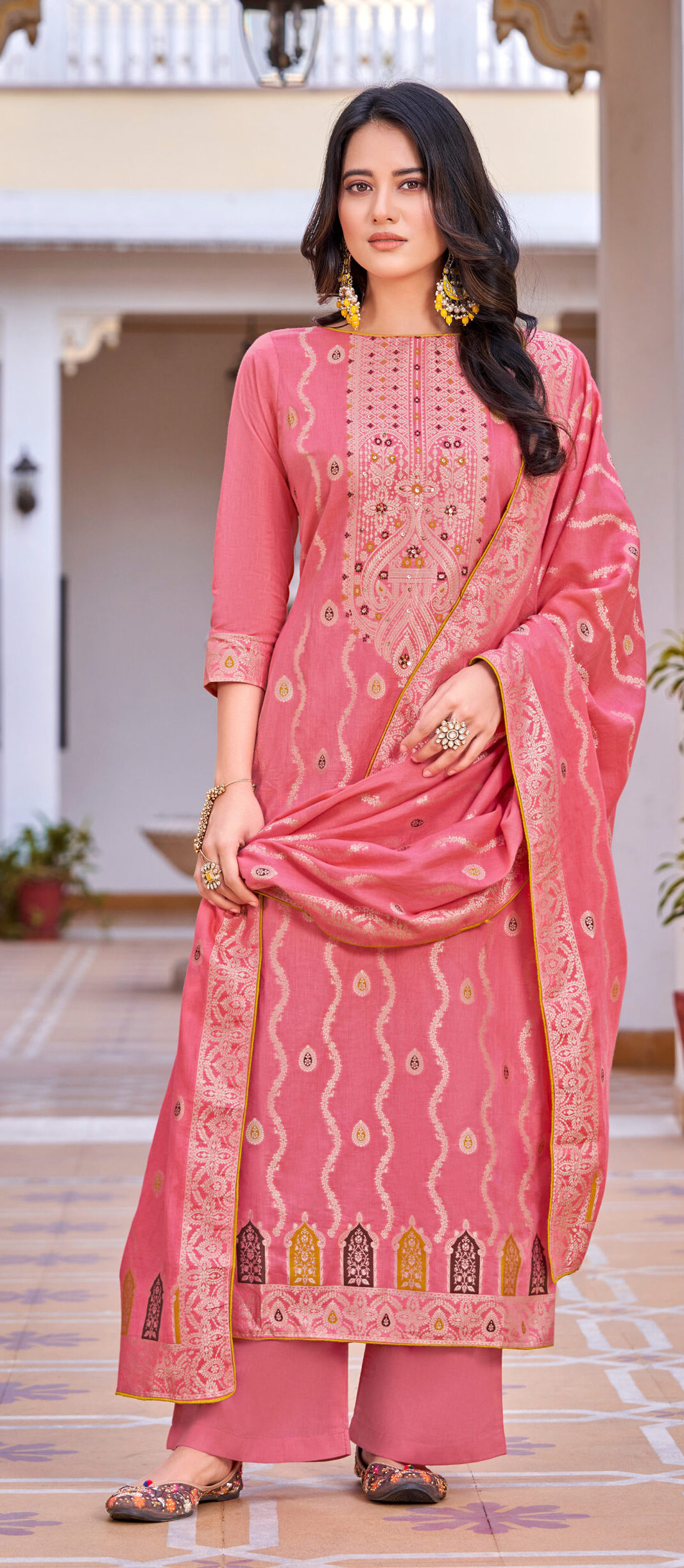 Premium Cotton Designer Jacquard Rose Pink Colour