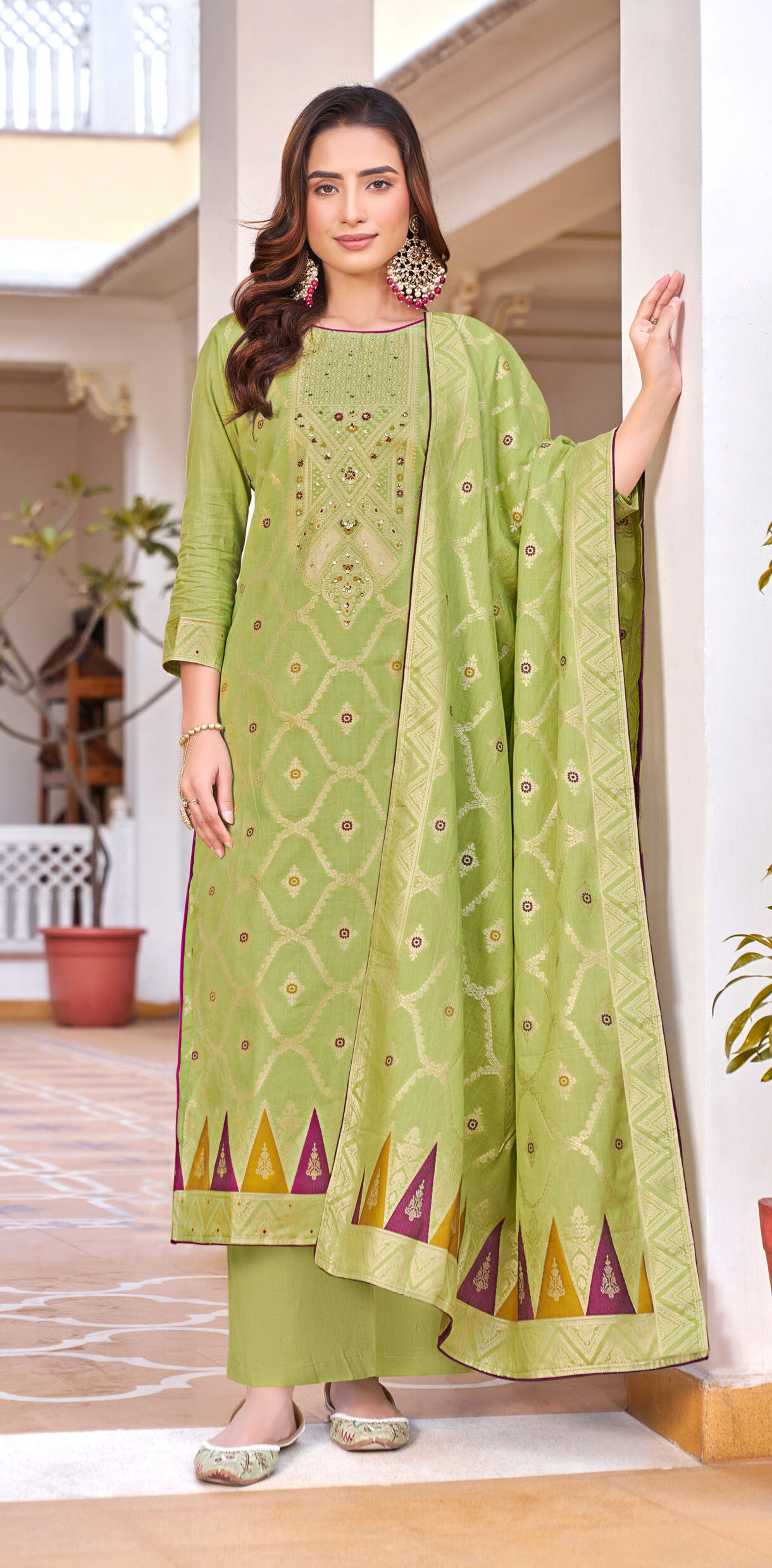 Premium Cotton Designer Jacquard Lime Green