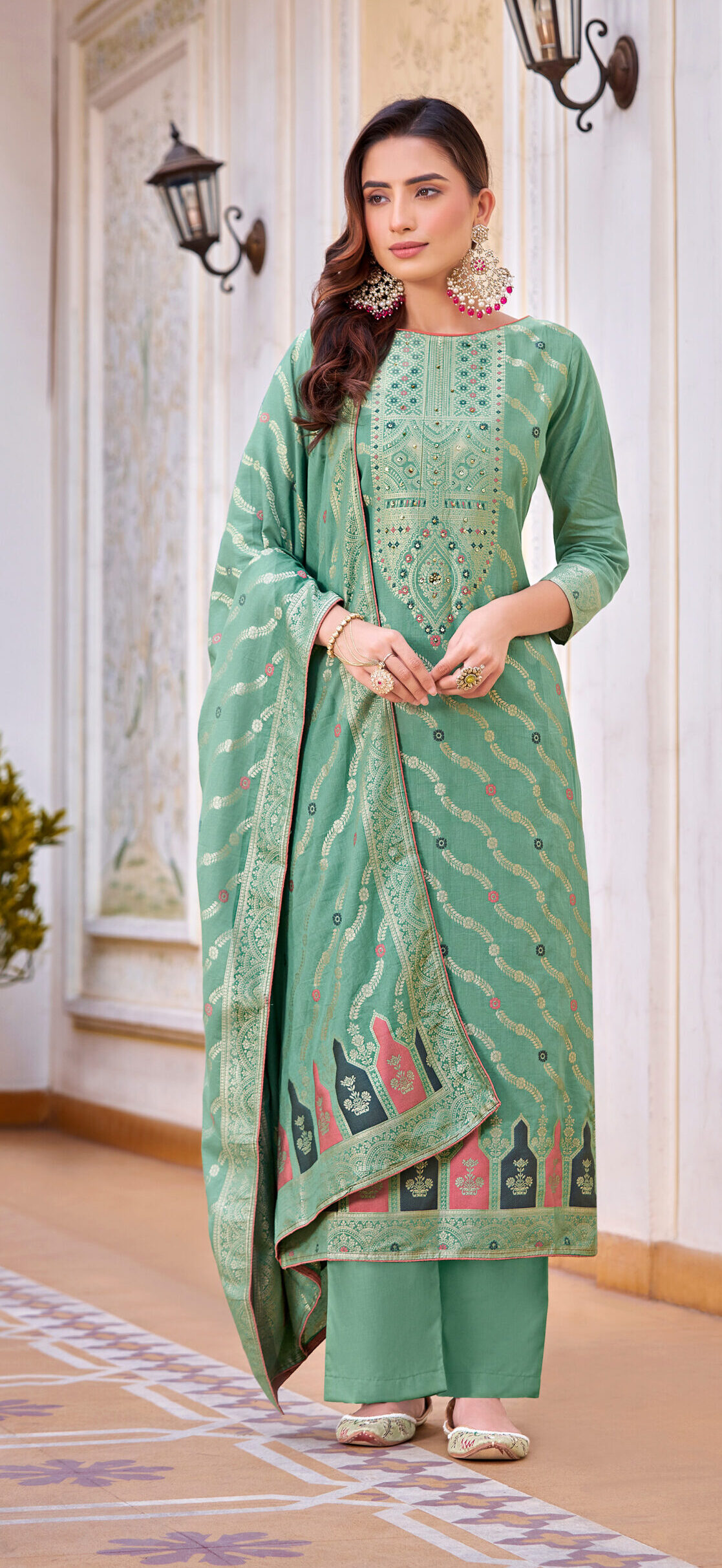 Premium Cotton Designer Jacquard Sea Green Colour