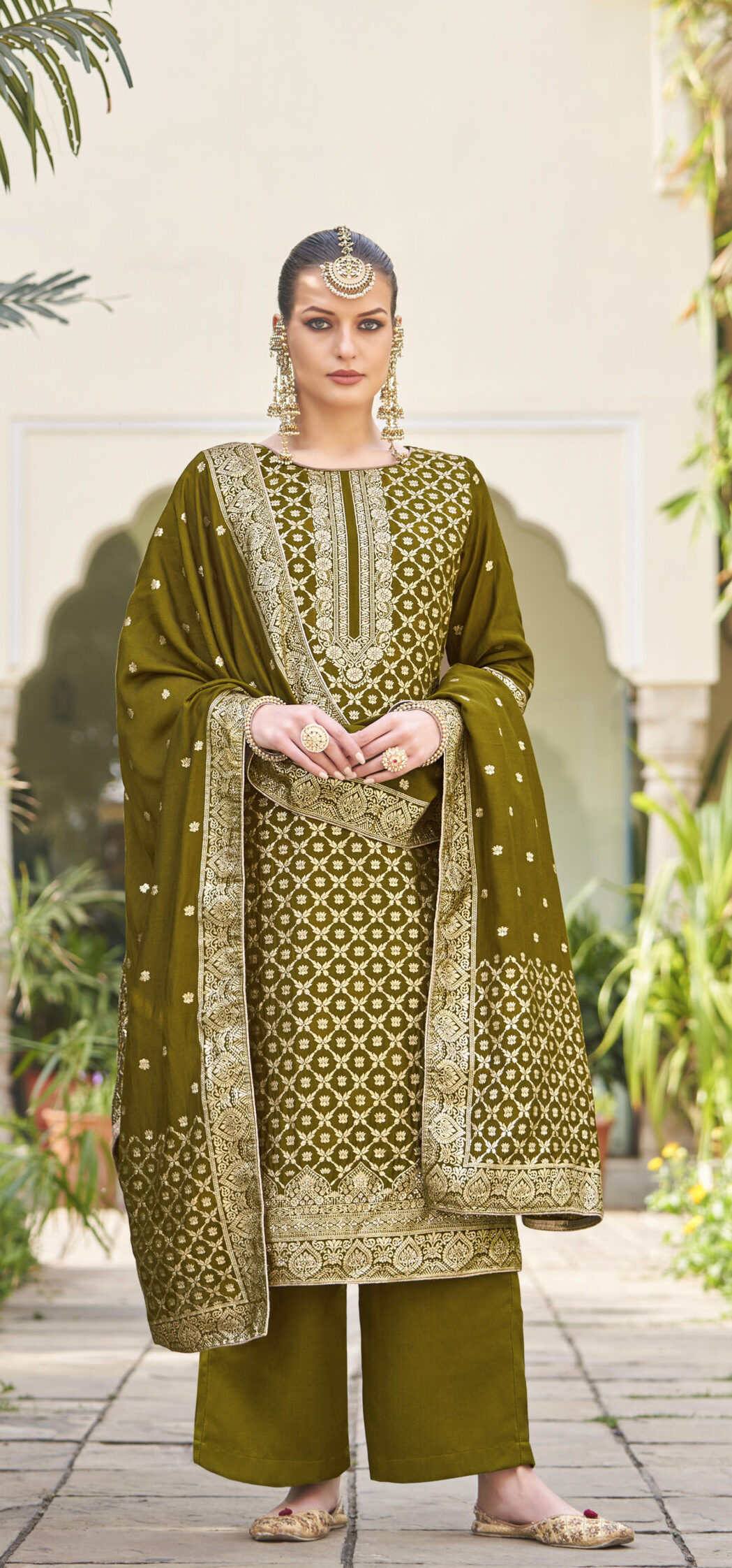 Premium Simmer Jacquard Designer Mehndi Colour Suit