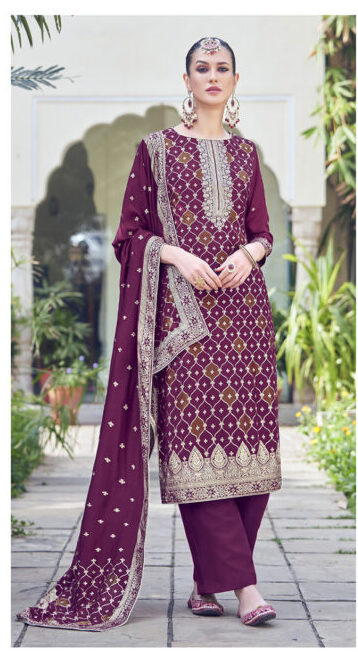 Premium Simmer Jacquard Designer Wine Colour Suit