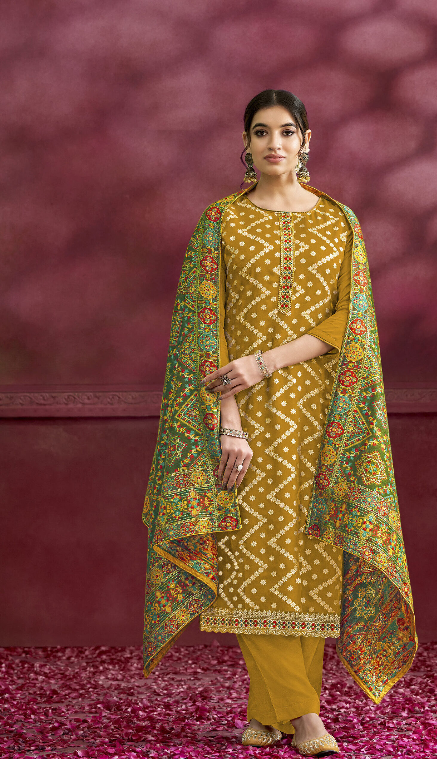 Premium Organza Designer Pattern Suit Mustard Colour Suit