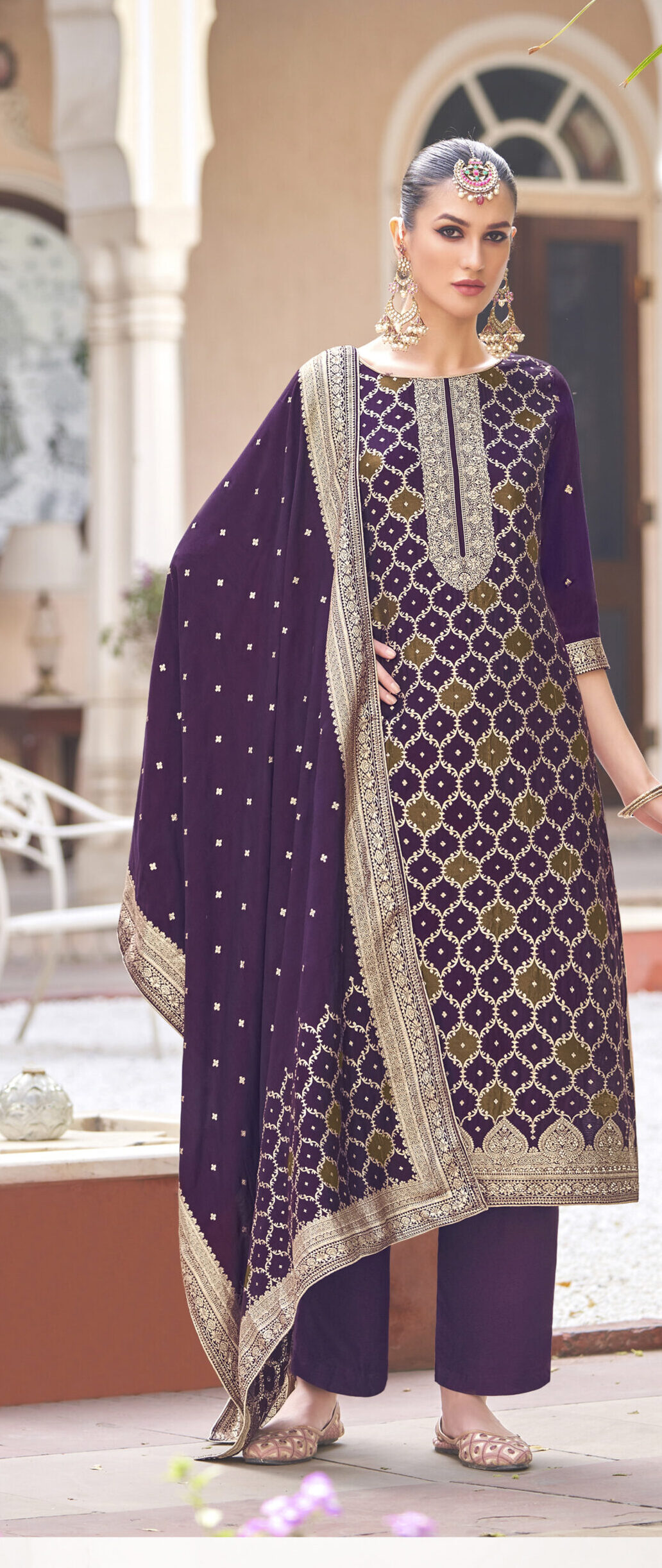 Premium Simmer Jacquard Designer Dark Purple Colour Suit