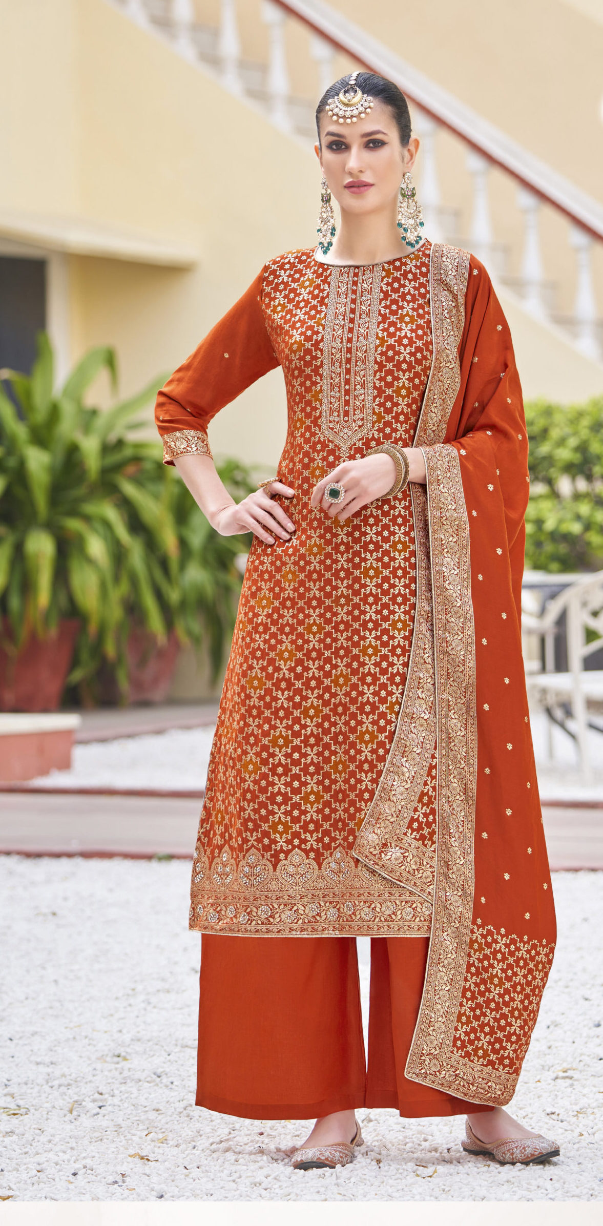 Premium Simmer Jacquard Designer Fire Orange Colour Suit