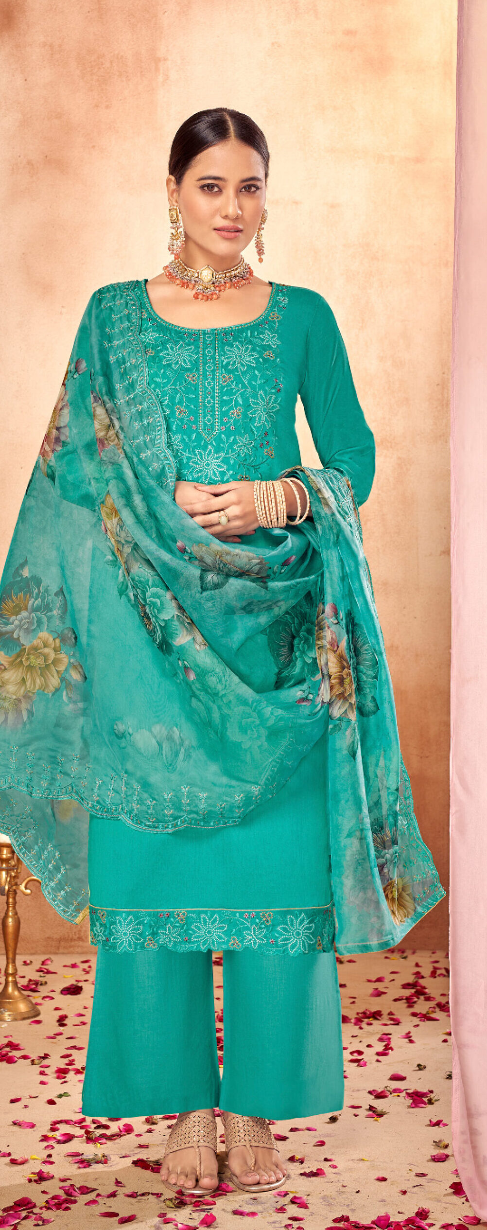 Pure Viscose Chanderi Dyed  Colour Firozi Unstitched Suit