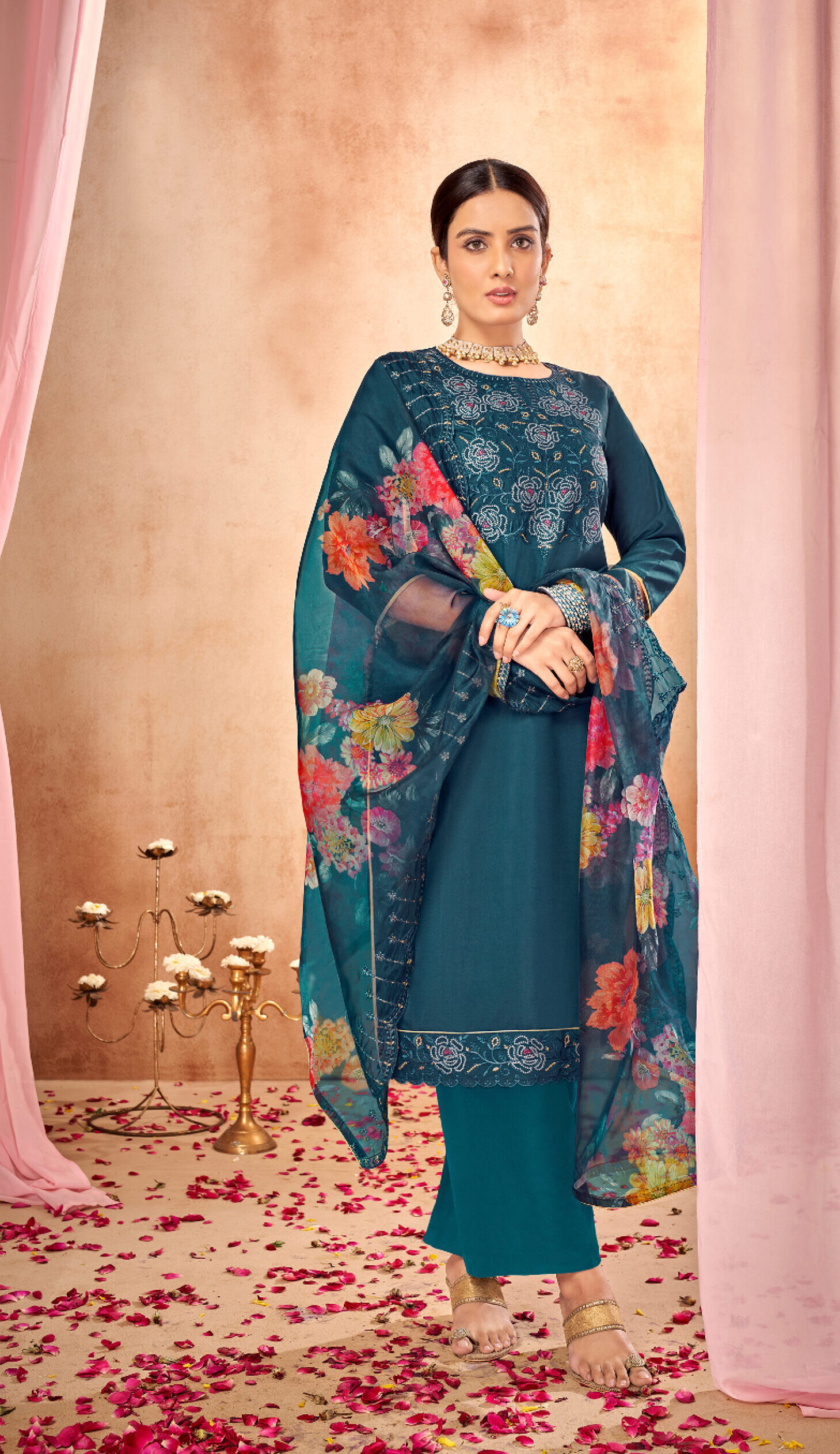 Pure Viscose Chanderi Dyed Teal Blue Colour Unstitched Suit