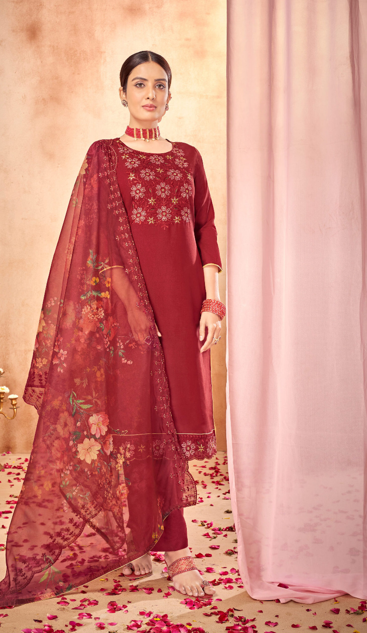 Pure Viscose Chanderi Dyed Maroon Colour Unstitched Suit