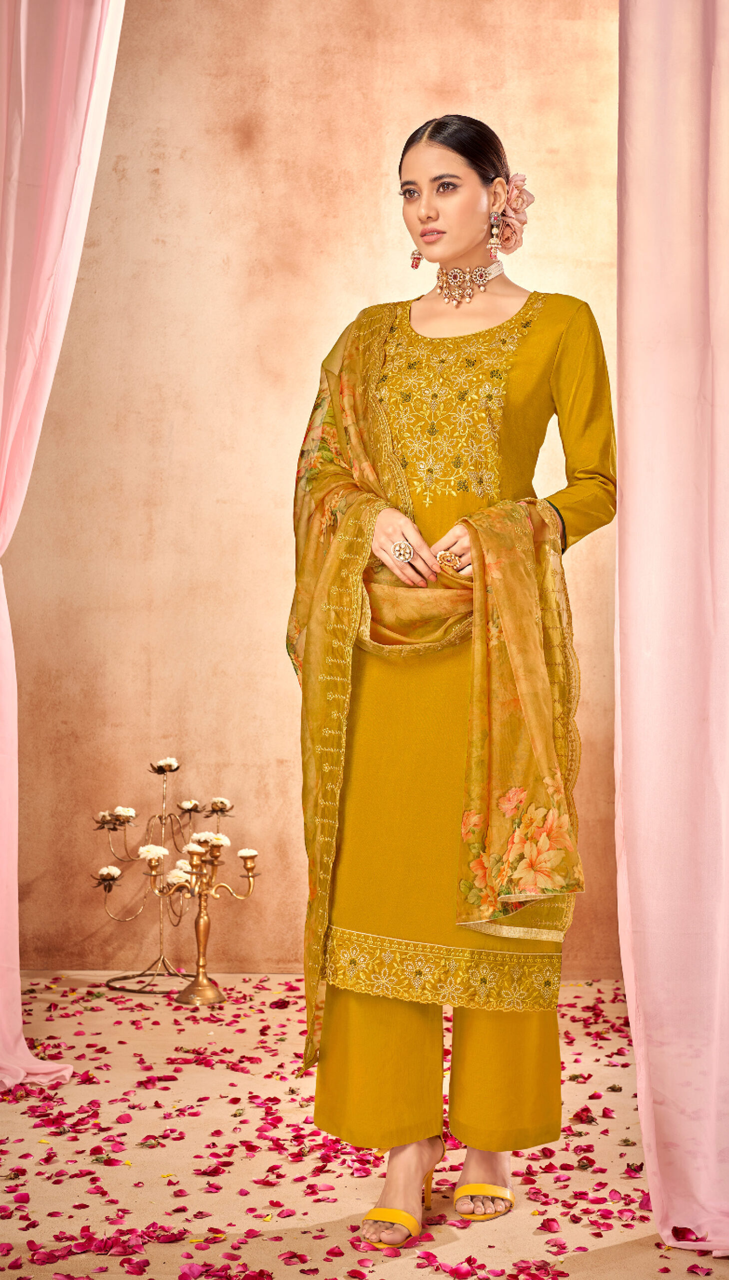 Pure Viscose Chanderi Dyed Mustard Colour Unstitched Suit