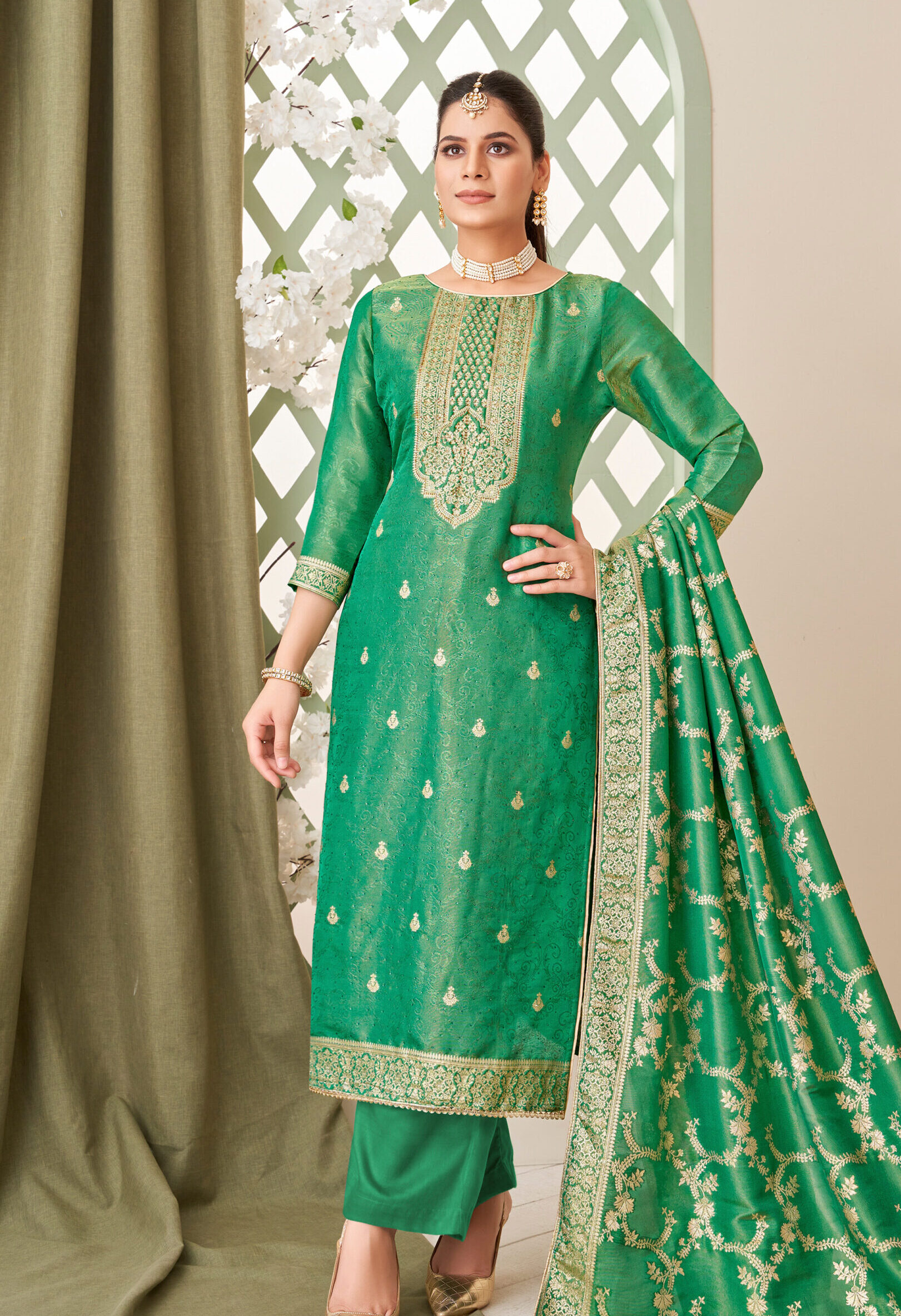 Pure Simmer Jacquard Green Colour Unstitched suit